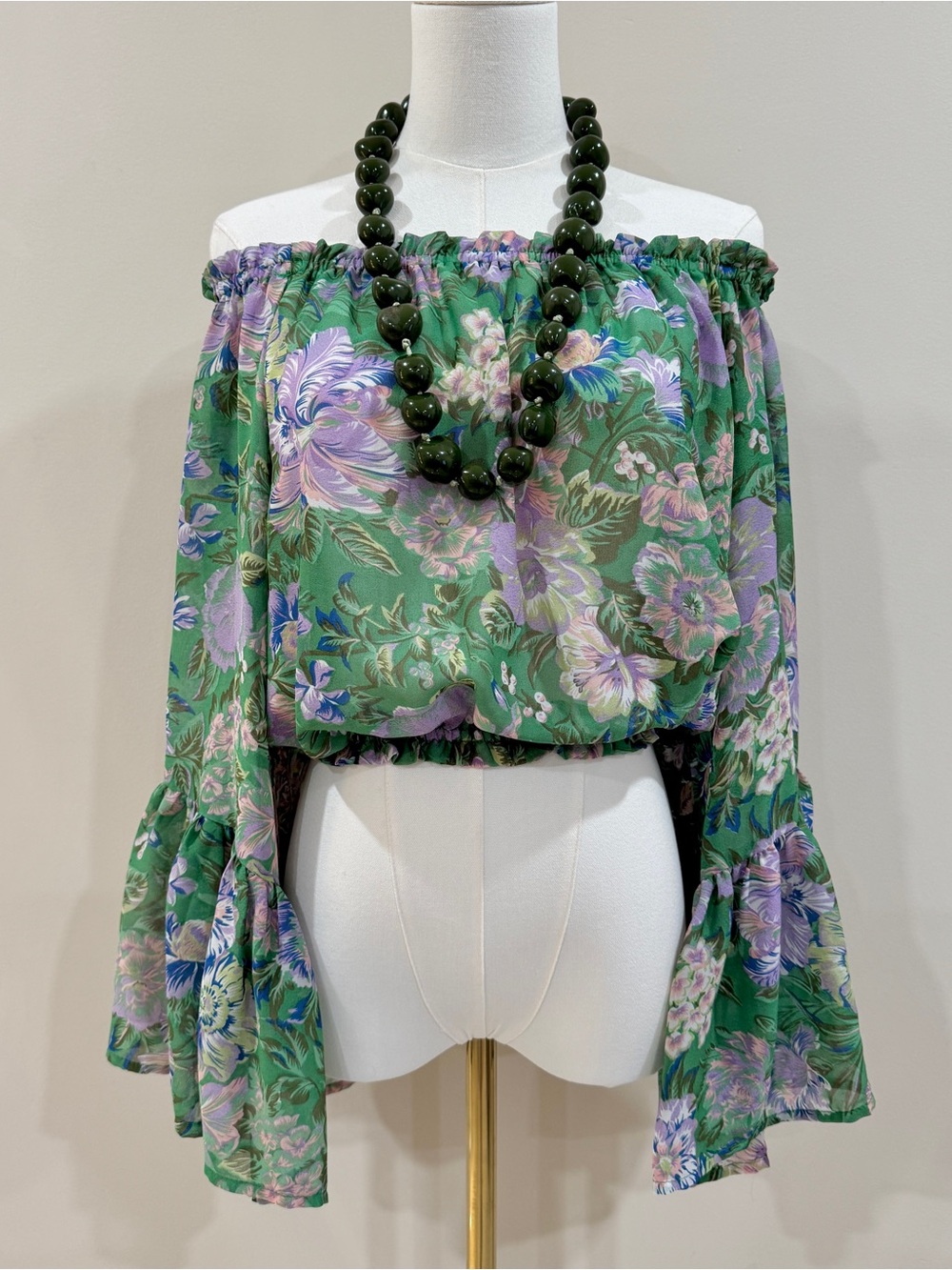 Green Floral Ruffle Bell Sleeves Crop Top Off-Shoulder Size S Romantic Boho